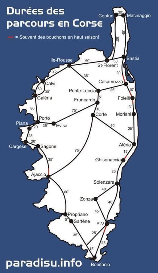 Carte des durées de parcours en Corse